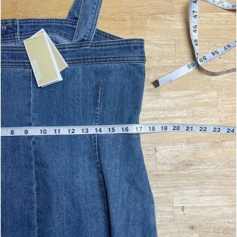 Michael Kors Stretch Denim Dress Pockets Straps Overalls Preppy 90s Size 12 NEW - Picture 10 of 13